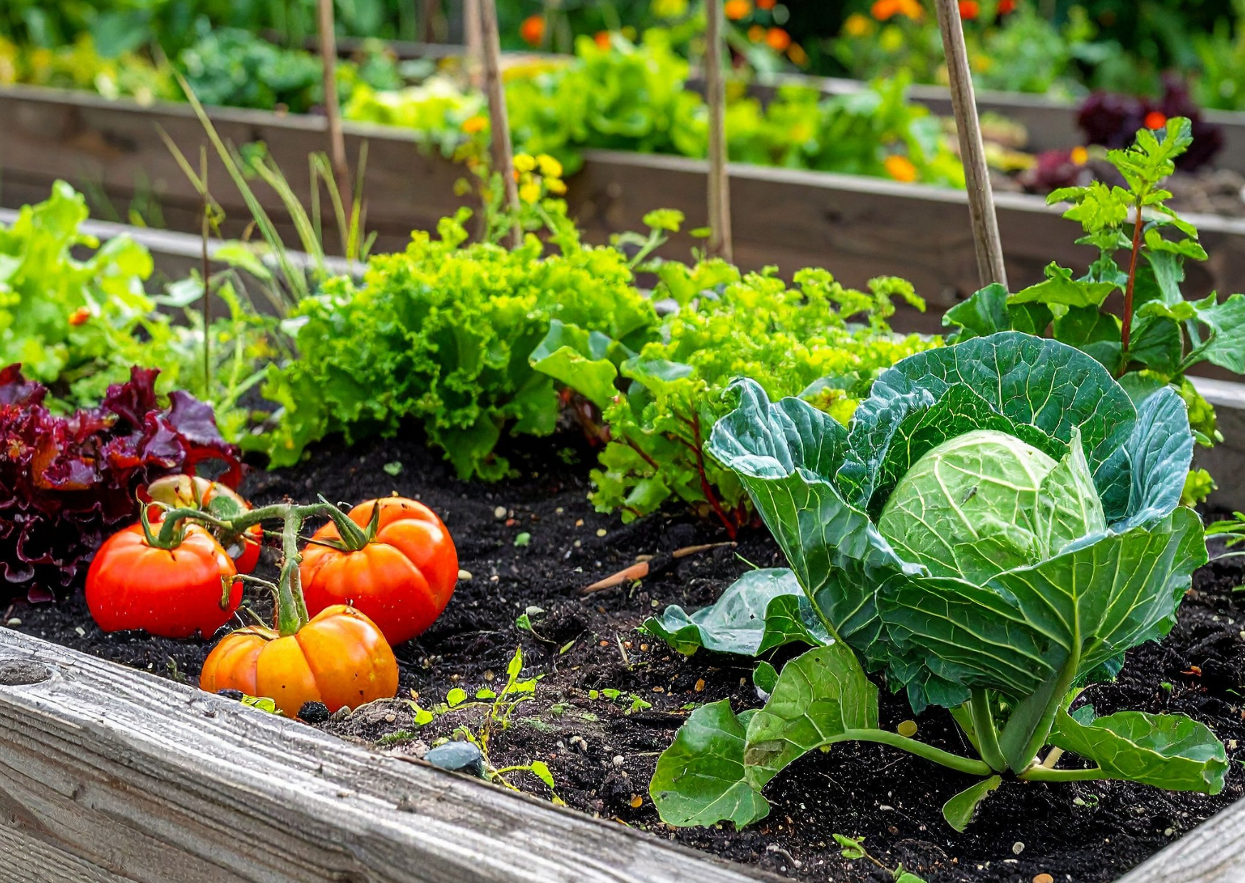 Carré potager en bois avec légumes dans un jardin aménagé