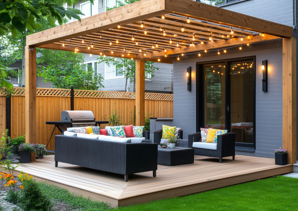 Terrasse en bois aménagée avec pergola et salon extérieur pour un espace de vie confortable